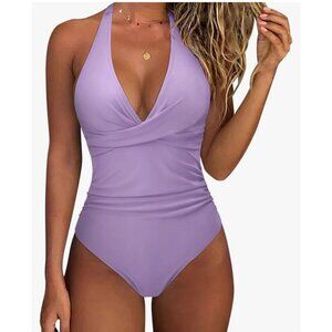 Suuksess Womens Lavender Size S Halter Neck One-Piece Swimsuit Tummy Control
